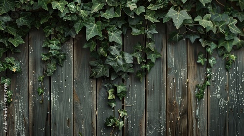 Ivy draped over aged fence with space for text