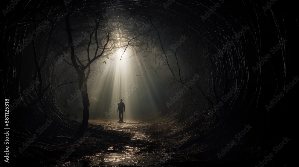 An Eerie Stroll: A Lonely Figure Walking Through a Dimly Lit Forest Tunnel An Eerie Stroll: A Lonely Figure Walking Through a Dimly Lit Forest Tunnel