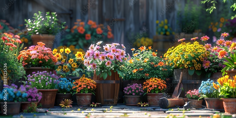 Obraz premium Garden flowers blooming for National Garden Day, August 30th, vibrant flora, gardening tools, summer growth