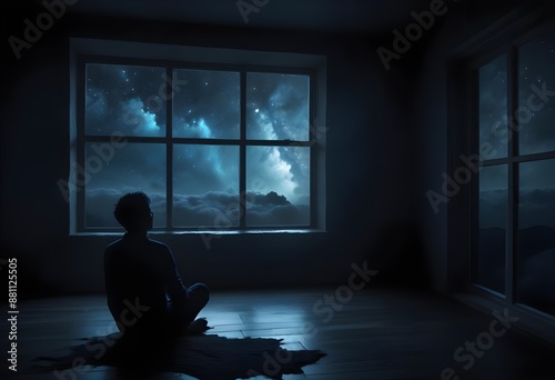 A silhouetted figure sitting in a dark room with a large window overlooking a turbulent night sky © nissrine