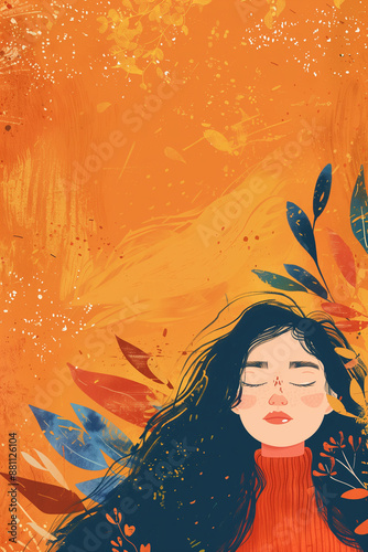 A young Autumn woman with dark hair and closed eyes surrounded by autumn leaves for book cover