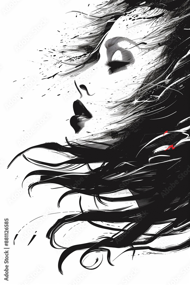 Fototapeta premium Wind woman with long black hair blowing in the wind, eyes closed for book cover