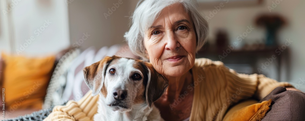 A senior woman is sitting on a couch with her dog. A senior woman is sitting on a couch with her dog.