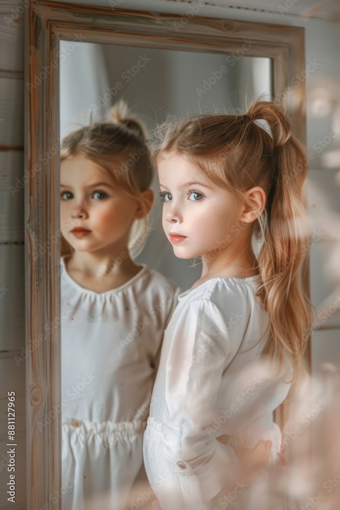 Fototapeta premium Girl looks at herself in a mirror