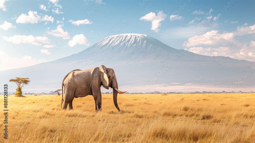 Obraz premium Majestic elephant walking in the African savannah with Mount Kilimanjaro in the background. Wildlife, nature, and adventure concept.
