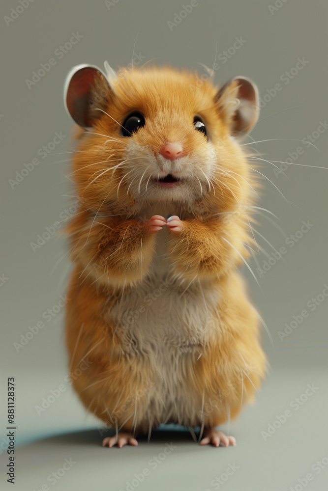 A 3D illustrated hamster stands on its hind legs, looking curious A 3D illustrated hamster stands on its hind legs, looking curious
