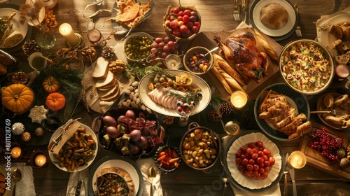 A wide shot of a holiday feast on a dining table.