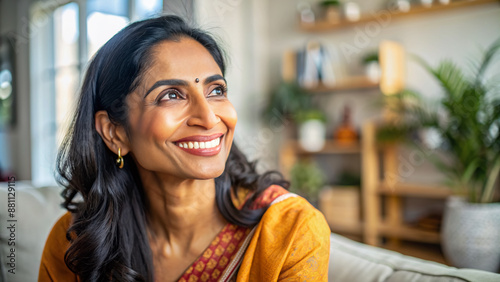 Vibrant Indian woman with bright smile and healthy teeth gazes away, lost in thought, feeling carefree and relaxed in her cozy, serene home atmosphere. photo
