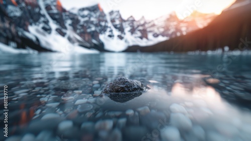 A stunning view of a calm, clear lake with a mountain range in the background. The focus is on a rock protruding from the water, giving a sense of tranquility and grandeur. photo