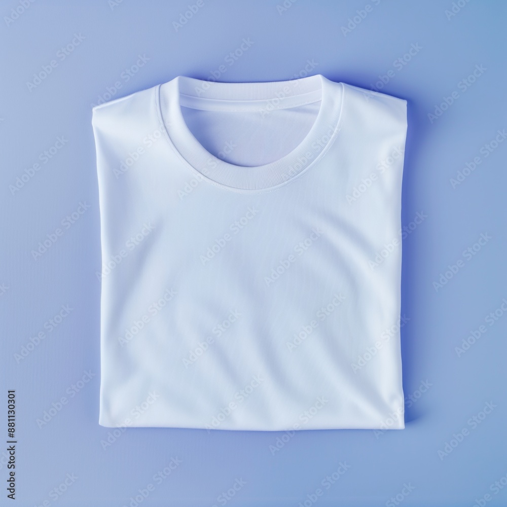A neatly folded white T-shirt on a smooth pastel blue surface, showcasing its simple design and soft texture. A neatly folded white T-shirt on a smooth pastel blue surface, showcasing its simple design and soft texture.
