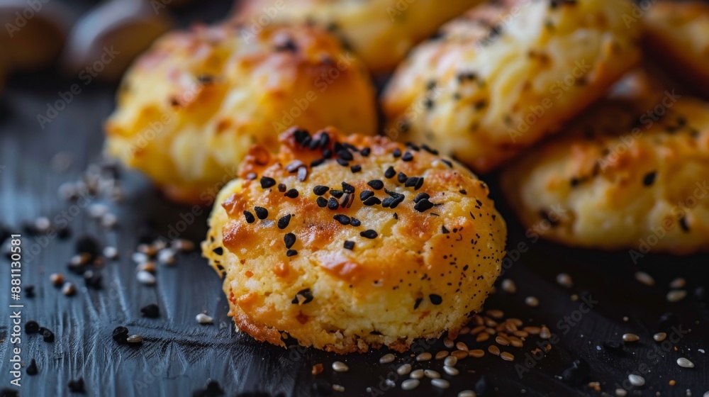 Golden Sesame Seed Baked Puff Pastries Stacked on Rack Golden Sesame Seed Baked Puff Pastries Stacked on Rack