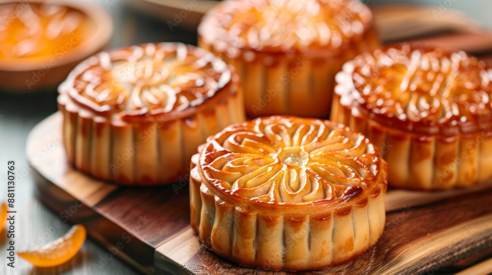 Traditional Chinese Mooncakes on Bamboo Mat for Mid-Autumn Festival Traditional Chinese Mooncakes on Bamboo Mat for Mid-Autumn Festival