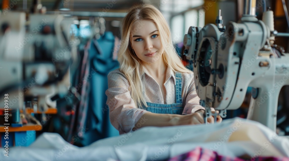 Fototapeta premium Blonde Seamstress Working in Textile Factory