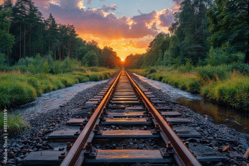 Obraz premium Beautiful Summer Landscape with Train Tracks and River in Forest, Blue Sky, Golden Hour 