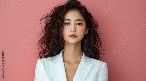 Elegant Asian businesswoman with curly hair and beautiful Korean makeup, in a trendy white casual suit, showcasing a trendy pose against a solid background