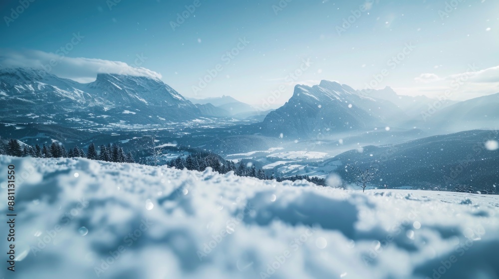 A serene winter scene featuring a snow-covered mountain with abundant snowfall A serene winter scene featuring a snow-covered mountain with abundant snowfall