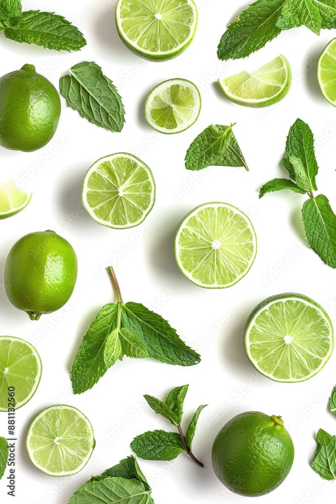 A collection of green limes and mint leaves arranged on a white background A collection of green limes and mint leaves arranged on a white background