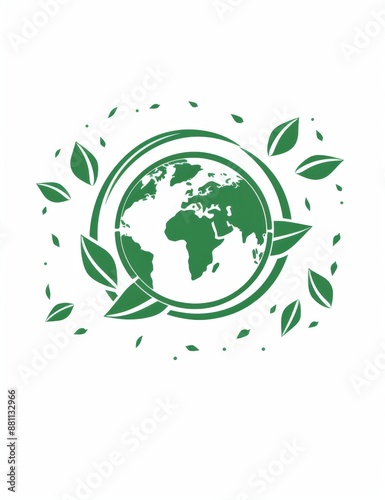 Simple green line drawing of Earth with growing leaves, symbolizing environmental protection and sustainability on a white background