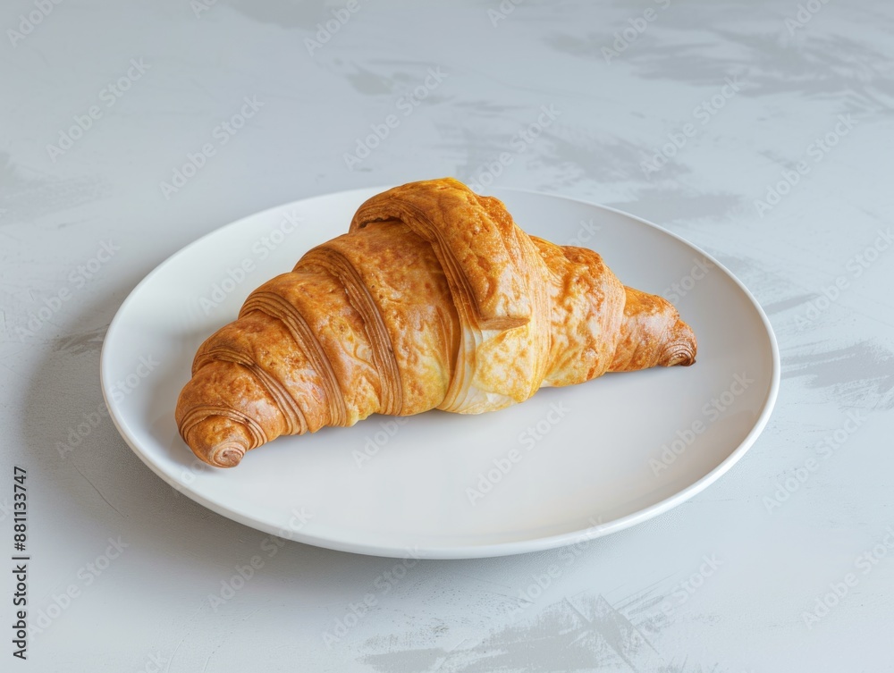 A single croissant sits on a plate on a table A single croissant sits on a plate on a table