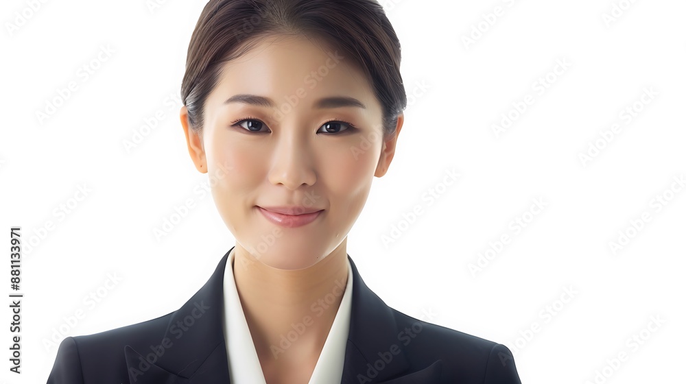 Elegant Asian woman, Korean makeup, straight hair, office suit, smiling confidently, clean white background. 32k, full ultra HD, high resolution Elegant Asian woman, Korean makeup, straight hair, office suit, smiling confidently, clean white background. 32k, full ultra HD, high resolution