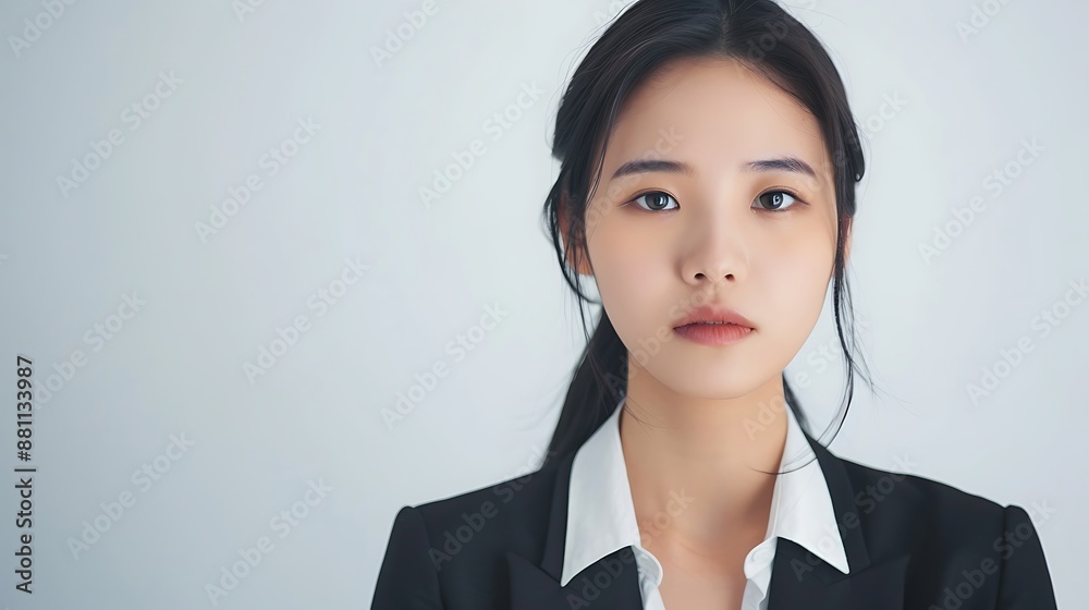 Elegant Asian woman, Korean makeup, straight hair, business suit, posing confidently, clean white background. 32k, full ultra HD, high resolution Elegant Asian woman, Korean makeup, straight hair, business suit, posing confidently, clean white background. 32k, full ultra HD, high resolution