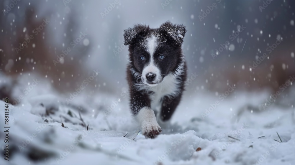 A dog runs in the snowy terrain, its black and white coat standing out against the winter landscape A dog runs in the snowy terrain, its black and white coat standing out against the winter landscape