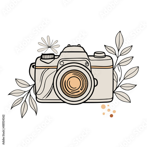 A  drawing of a vintage camera  adorned with simple floral elements and dots