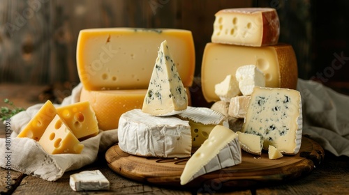 Assortment of Delicious Cheeses on Wooden Board