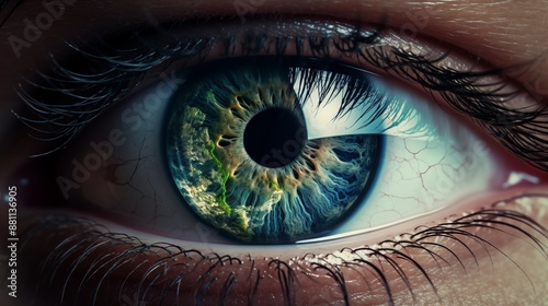 Fototapeta Naklejka Na Ścianę i Meble -  Reflection of the planet earth in the human eye. Represent themes of global consciousness, environmental awareness, and a sense of oneness with the world.