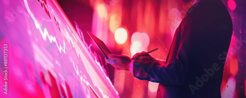 Businessman with tablet is analyzing sales and growth with graph., marketing concept panorama. Generative AI.
