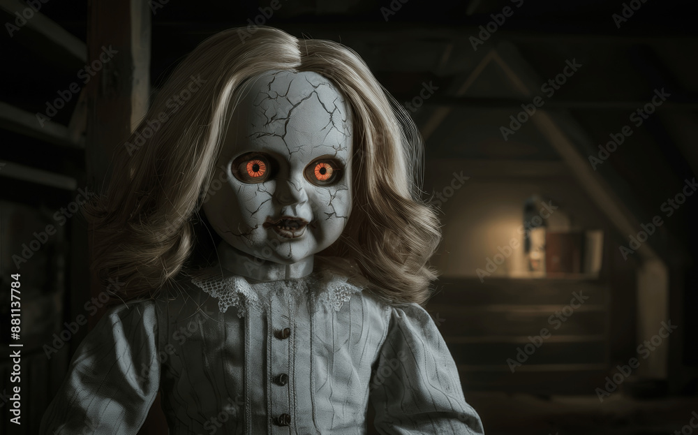 A Creepy Porcelain Doll With Glowing Eyes A Creepy Porcelain Doll With Glowing Eyes
