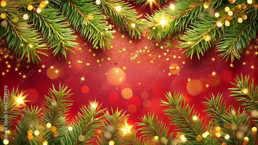 Christmas decoration border with fir branches and golden glitter confetti and sparkles of lights blur bokeh on red background. Bright Christmas and New Year design holiday frame. Vector illustration Christmas decoration border with fir branches and golden glitter confetti and sparkles of lights blur bokeh on red background. Bright Christmas and New Year design holiday frame. Vector illustration