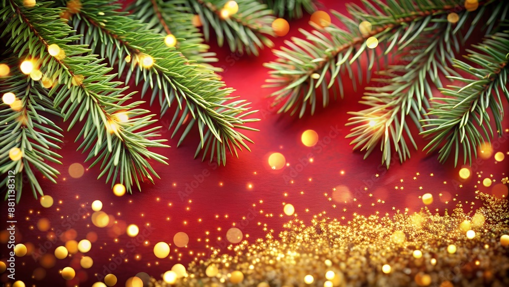 Christmas decoration border with fir branches and golden glitter confetti and sparkles of lights blur bokeh on red background. Bright Christmas and New Year design holiday frame. Vector illustration Christmas decoration border with fir branches and golden glitter confetti and sparkles of lights blur bokeh on red background. Bright Christmas and New Year design holiday frame. Vector illustration