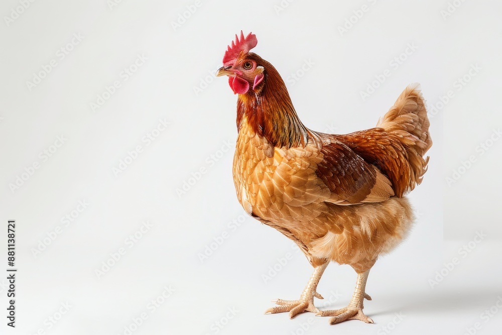Fototapeta premium the beside view of a Free-Range Chicken, left side view, white copy space on right, dutch angle view, isolated on white background