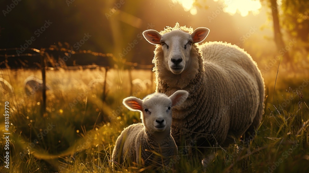 Mother Sheep and Lamb in the Golden Sunset Mother Sheep and Lamb in the Golden Sunset