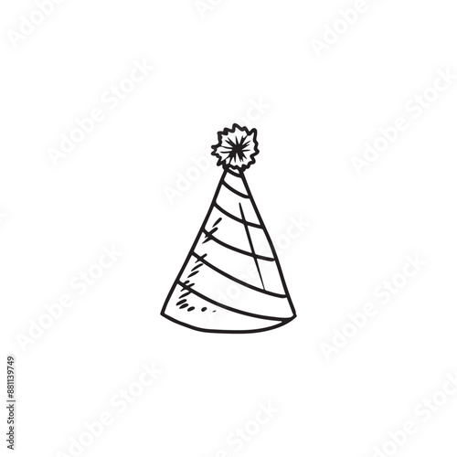 Happy birthday celebration with a birthday hat with star in black isolated on white. Hand drawn vector sketch illustration in doodle engraved vintage line art style. Holiday equipment, symbol