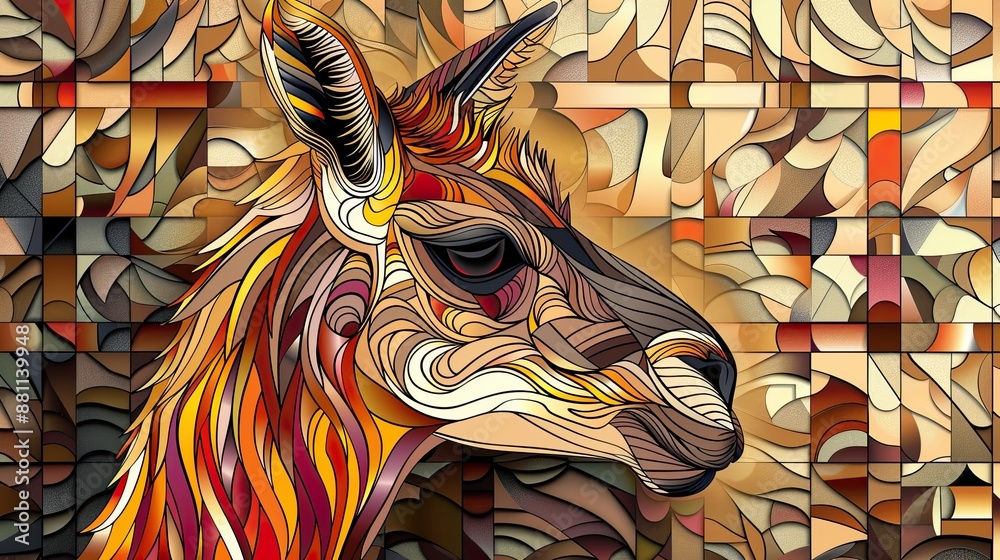 A colorful drawing of a giraffe with a brown and orange mane A colorful drawing of a giraffe with a brown and orange mane