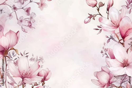 Watercolor illustration, cherry blossoms and magnolias in pink and white hues around the edges, light pink copy space in the middle, delicate details
