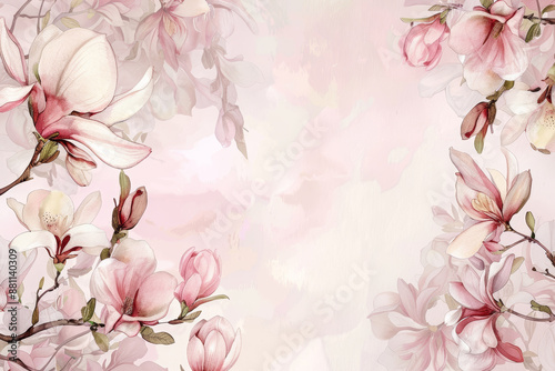 Watercolor illustration magnolias in pink and white hues around the edges, light pink copy space in the middle, delicate details