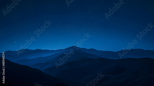 A mountain range is silhouetted against a dark sky with a few stars visible