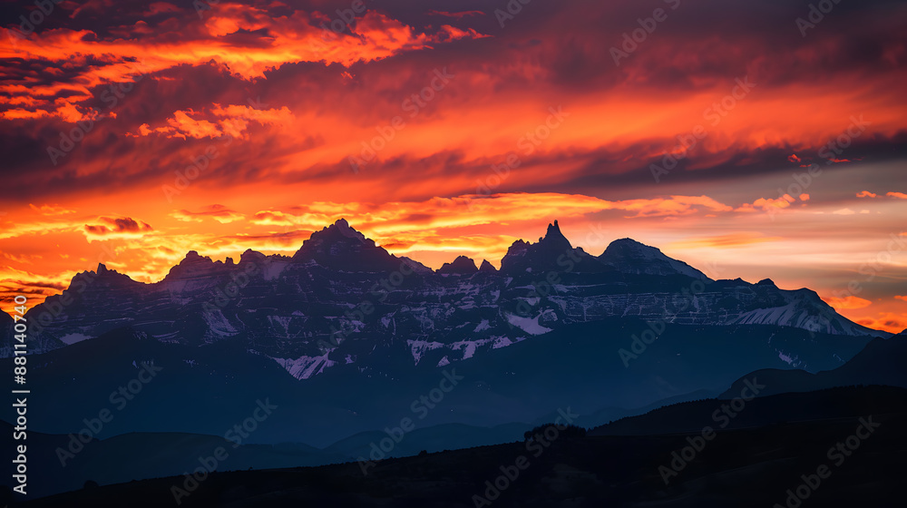 The sky is orange and the mountains are in the background The sky is orange and the mountains are in the background