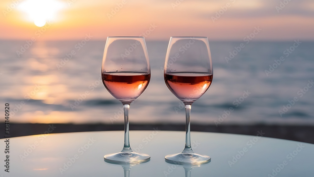 Two glasses of rose wine on the table in front of the sea at sunset. Selective focus. Two glasses of rose wine on the table in front of the sea at sunset. Selective focus.