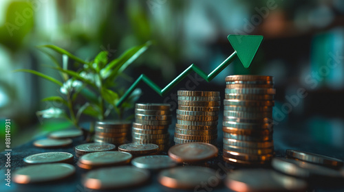 On the table, there is an arrow pointing upwards made of green paper and coins stacked in layers. The background features blurry images of plants or office elements