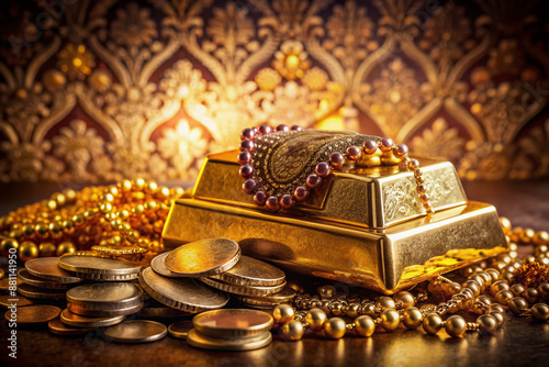 A glittering gold bar lies on a velvet pedestal, surrounded by golden coins and ornate jewelry, set against a dark, luxurious, and intricately patterned background.