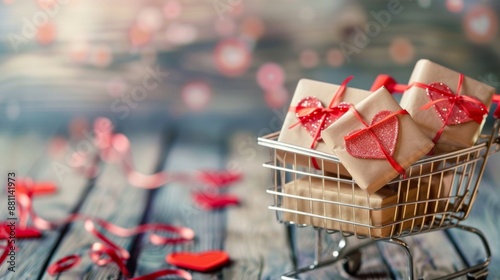 Festive Gift Boxes in Shopping Cart with Red Bows on Wooden Background