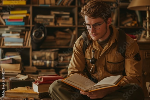 A man dressed in rustic fashion reads a book in a cluttered space with bookshelves and various vintage items surrounding him. © StockUp