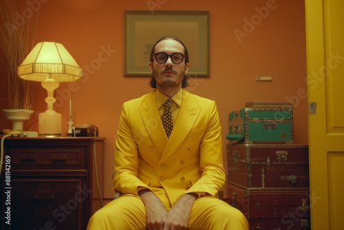 A man dressed in a yellow suit and glasses sits in a room adorned with vintage items that harmonize with his attire's color. photo