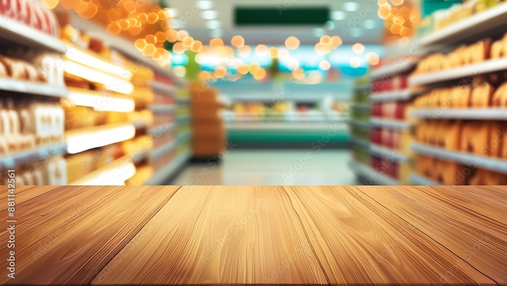 Fototapeta premium Empty wood table top with supermarket blurred background for product display 