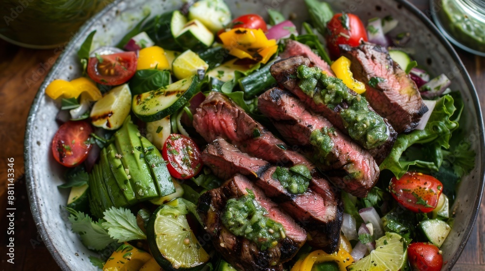 Grilled Steak Salad with Fresh Vegetables. Summer Vegetable Steak Salad with Cilantro Lime Dressing Grilled Steak Salad with Fresh Vegetables. Summer Vegetable Steak Salad with Cilantro Lime Dressing