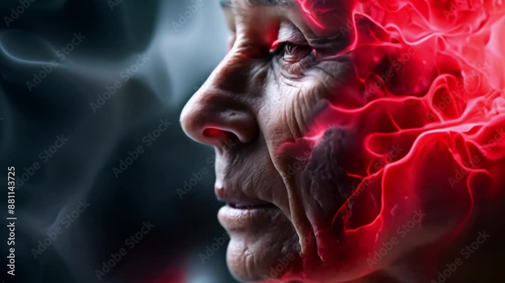 Person with highlighted brain affected by vascular damage causing memory loss. Concept Vascular Damage, Memory Loss, Highlighted Brain, Neurological Health, Medical Illustration Person with highlighted brain affected by vascular damage causing memory loss. Concept Vascular Damage, Memory Loss, Highlighted Brain, Neurological Health, Medical Illustration